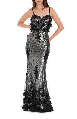 Dress the Population Giovanna Floral Appliqué Sequin Sheath Gown in Silver-Black