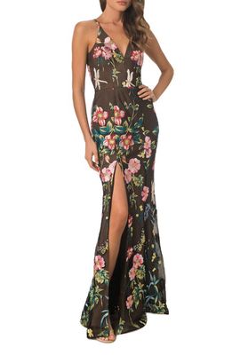 Dress the Population Iris Floral Embroidered Mermaid Gown in Black Multi