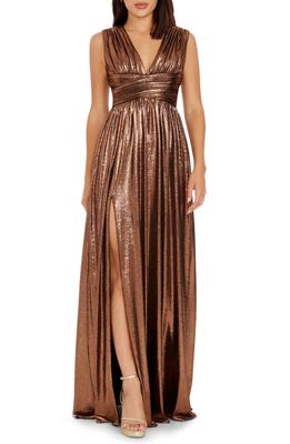 Dress the Population Jaclyn Pleated Metallic Gown in Bronze