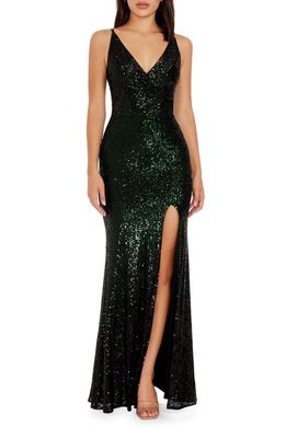 Dress the Population Jordana Sequin Side Slit Gown in Pine Multi