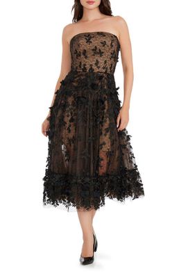 Dress the Population Kailyn Floral Appliqué Strapless Midi Dress in Black-Beige