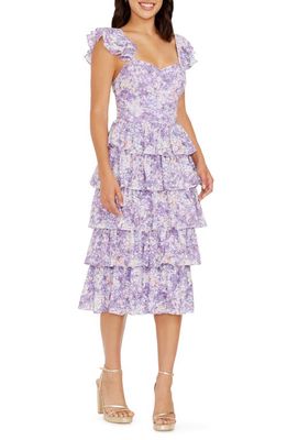 Dress the Population Kristen Floral Ruffle Tier Midi Dress in Lavender Multi at Nordstrom, Size X-Small