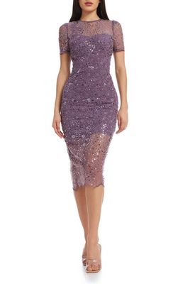 Dress the Population Lia Sequin Illusion Mesh Overlay Midi Cocktail Dress in Dusty Lavender at Nordstrom, Size Xx-Small