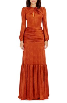 Dress the Population Lucille Pleated Ruched Long Sleeve Gown in Burnt Orange