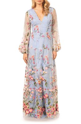 Dress the Population Lyra Floral Embroidery Long Sleeve Tulle Gown in Sky Multi