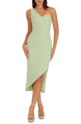 Dress the Population Magnolia One-Shoulder Asymmetric Body-Con Midi Dress in Sage