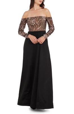 Dress the Population Margaret Sequin Embroidered Off the Shoulder Long Sleeve Gown in Black Multi
