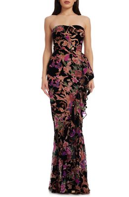 Dress the Population Paris Ruffle Strapless Gown in Black Multi