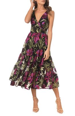 Dress the Population Paulette Floral Embroidered Fit & Flare Midi Dress in Bright Magenta Multi