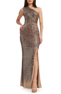 Dress the Population Sarah Sequin One-Shoulder Gown in Bronze Multi