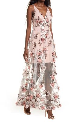 Dress the Population Sidney 3D Floral Fit & Flare Gown in Pale Mauve Multi