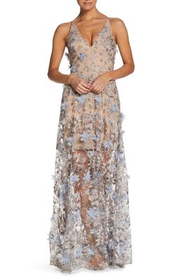 Dress the Population Sidney Deep V-Neck 3D Lace Gown in Minrl Blue Flrl