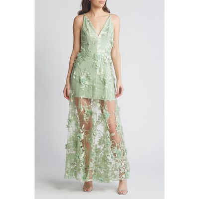 Dress the Population Sidney Deep V-Neck 3D Lace Gown in Sage