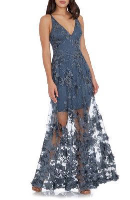 Dress the Population Sidney Deep V-Neck 3D Lace Gown in Steel