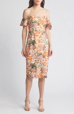 Dress the Population Tara Off the Shoulder Midi Dress in Apricot Multi at Nordstrom, Size Medium