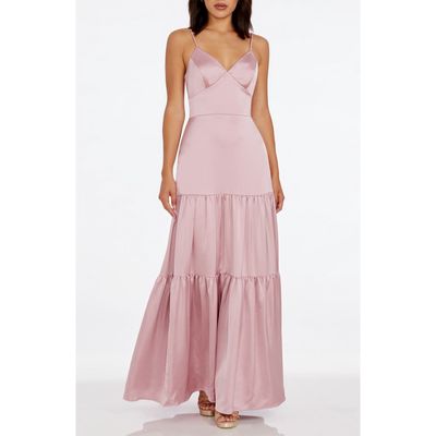 Dress the Population Tess Tiered Satin Gown in Rose Canyon