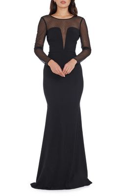 Dress the Population Val Rhinestone Illusion Lace Detail Long Sleeve Mermaid Gown in Black
