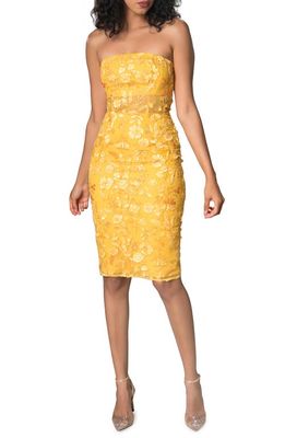 Dress the Population Ynez 3D Floral Embellished Strapless Dress in Light Amber Multi