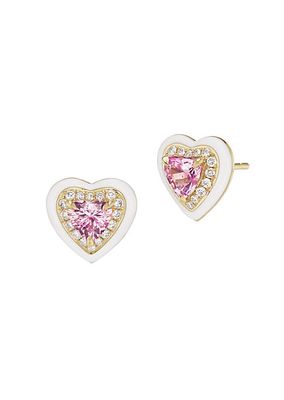 Dress Up 18K Yellow Gold, Pink Sapphire & Diamond Enamel Heart Stud Earrings