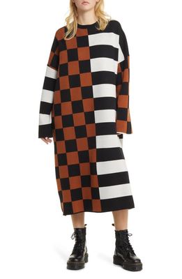 Dressed in Lala Check & Stripe Long Sleeve Sweater Dress in Black Brown White