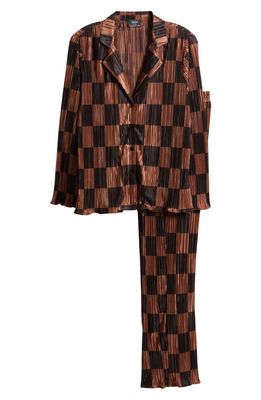 Dressed in Lala Check Long Sleeve Plissé Top & High Waist Pants in Mocha And Black Check