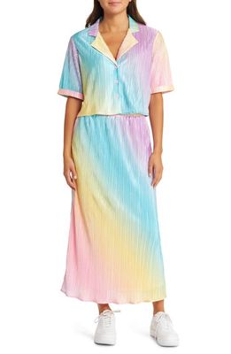 Dressed in Lala Est La Vie Rainbow Stripe Two-Piece Shirt & Skirt Set in Rainbow Daydream