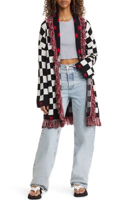 Dressed in Lala Legend Luxe Fringe Checkered Cardigan in Black /White Check