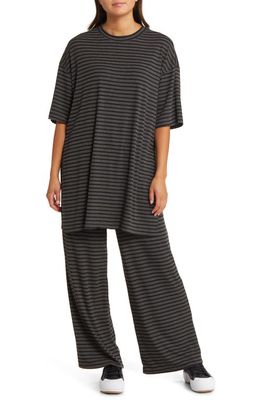 Dressed in Lala Leveled Up Ribbed Oversize T-Shirt & High Waist Pants Set in Grey Black Stripe