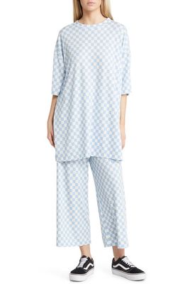 Dressed in Lala Lex Ribbed Oversize T-Shirt & High Waist Crop Pants Set in Blue Check
