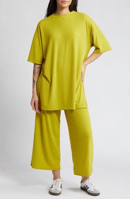 Dressed in Lala Lex Ribbed Oversize T-Shirt & High Waist Crop Pants Set in Chartruese