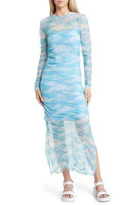 Dressed in Lala Long Sleeve Ruched Mesh Dress in Clouds