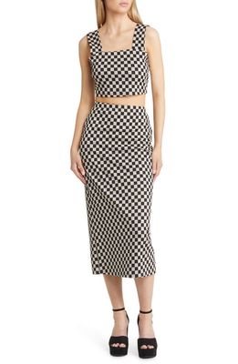 Dressed in Lala Looking Good Double Knit Crop Tank & High Waist Midi Pencil Skirt in Black Beige Check