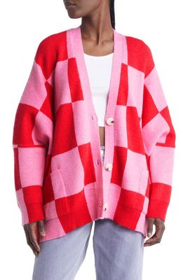 Dressed in Lala Love You Oversize Cardigan in Pink Red Check