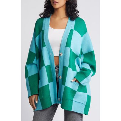 Dressed in Lala Love You Oversize Checkerboard Cardigan in Emerald/Sky 