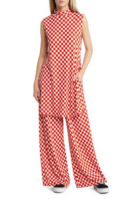 Dressed in Lala Mock Neck Ribbed Top & Wide Leg Pants Set in Retro Red
