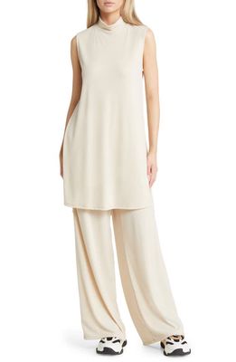 Dressed in Lala Mock Neck Ribbed Top & Wide Leg Pants Set in Sand