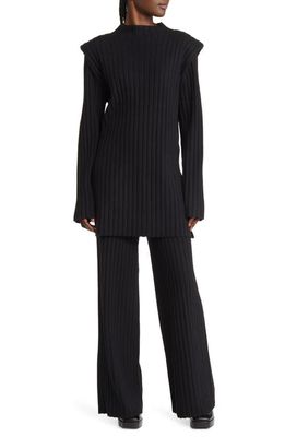 Dressed in Lala New Era Ribbed Long Sleeve T-Shirt & High Rise Wide Leg Pants Set in Black