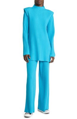 Dressed in Lala New Era Ribbed Long Sleeve T-Shirt & High Rise Wide Leg Pants Set in Electric Blue