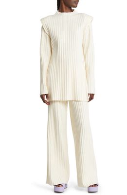 Dressed in Lala New Era Ribbed Long Sleeve T-Shirt & High Rise Wide Leg Pants Set in Ivory