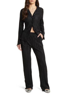 Dressed in Lala Notched Collar Plissé Top & High Waist Pants Set in Black
