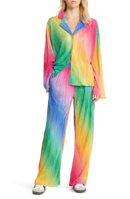 Dressed in Lala Notched Collar Plissé Top & High Waist Pants Set in Dark Rainbow
