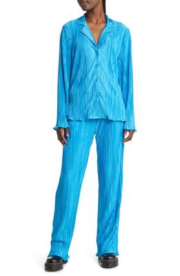 Dressed in Lala Notched Collar Plissé Top & High Waist Pants Set in Electric Blue