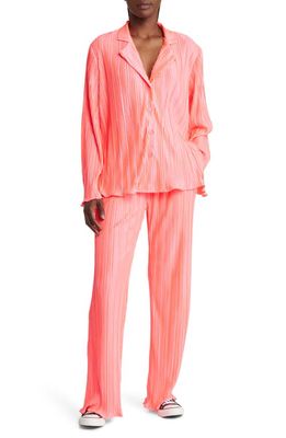 Dressed in Lala Notched Collar Plissé Top & High Waist Pants Set in Electric Pink