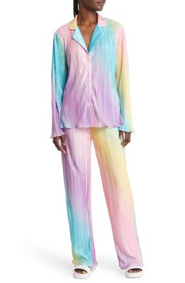 Dressed in Lala Notched Collar Plissé Top & High Waist Pants Set in Rainbow