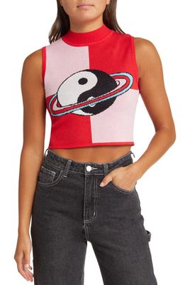 Dressed in Lala Out of this World Mock Neck Graphic Sweater Vest in Red/Pink