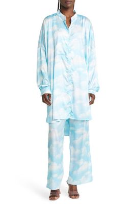 Dressed in Lala Oversize Button-Up Satin Shirt & High Waist Crop Pants Set in Clouds