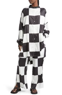 Dressed in Lala Oversize Button-Up Satin Shirt & High Waist Crop Pants Set in Macro Black Check