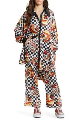 Dressed in Lala Posh Lions Oversize Satin Top & Pants Set in Lion Tigers And Checks