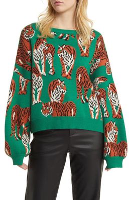 Dressed in Lala Retrograde Tiger Boxy Sweater in Tiger Tales