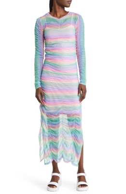 Dressed in Lala Ruched Mesh Long Sleeve Midi Dress with Slip in Rainbow